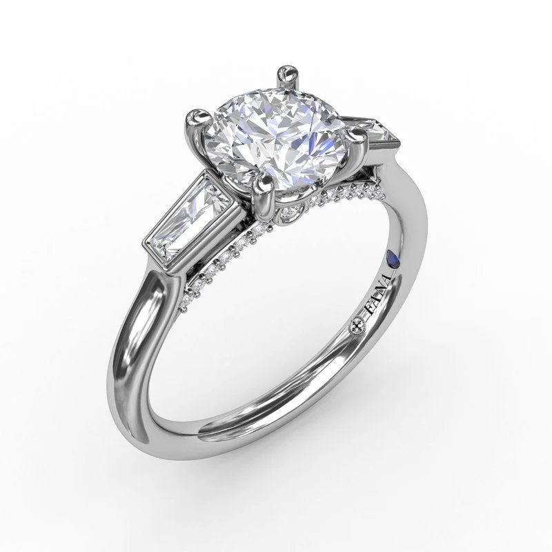 Initial Carved Engagement Rings -Fana Three-Stone Round Diamond Engagement Ring With Tapered Baguettes 3299