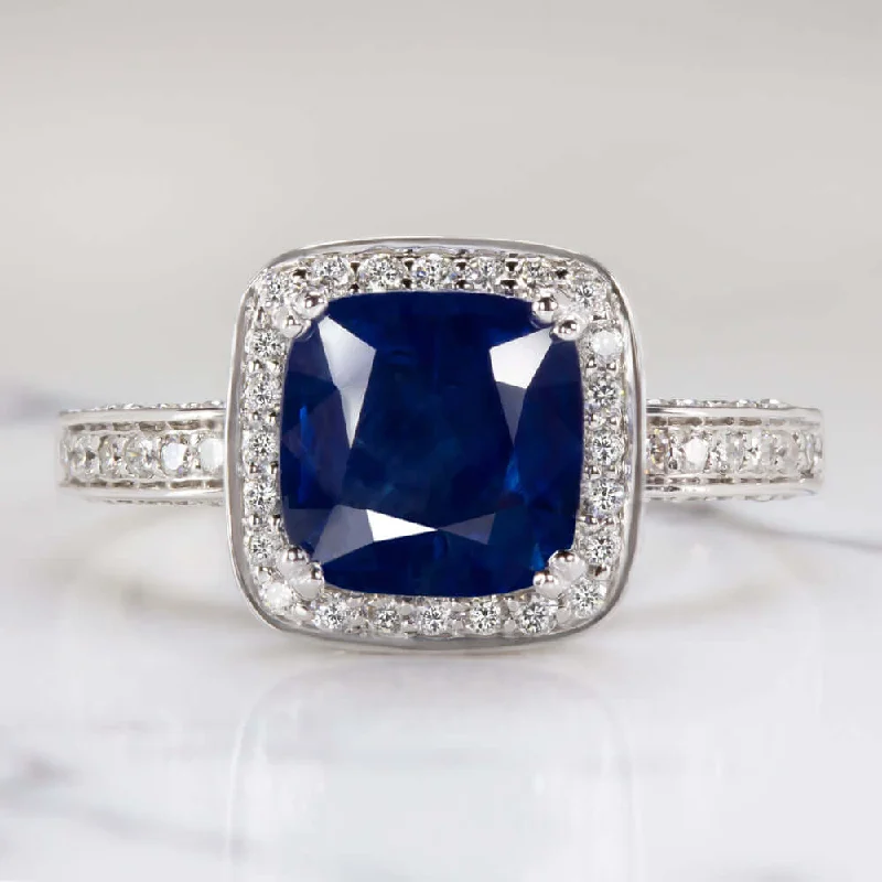 Mixed Metal Engagement Rings -2.95ctw SAPPHIRE DIAMOND COCKTAIL RING HALO CUSHION CUT WHITE GOLD ENGAGEMENT