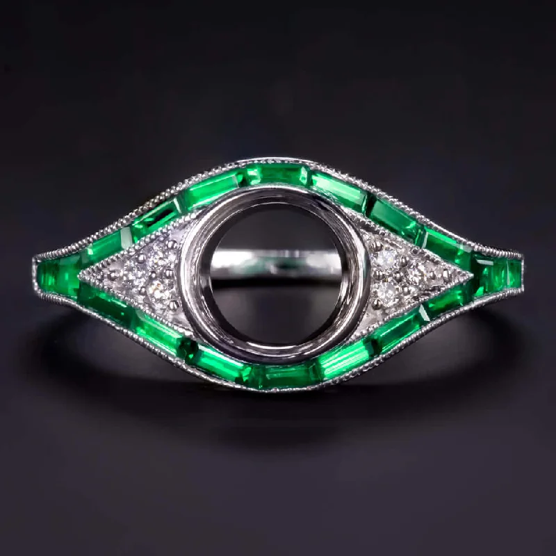 Polished Stone Engagement Rings -EMERALD DIAMOND RING SETTING VINTAGE STYLE ROUND ENGAGEMENT ART DECO SEMI MOUNT