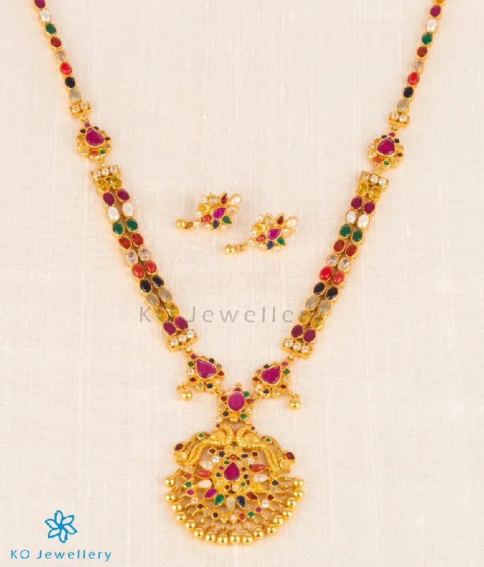 Ladies Necklaces for Brides-The Kumaravahin Silver Peacock Navaratna Necklace