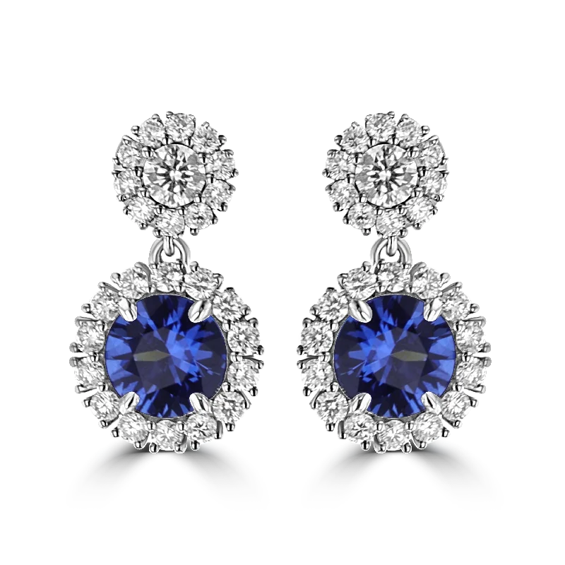 Resin Earrings -JULEVE 3.80 CTW SAPPHIRE & 1.90 CTW DIAMOND HALO DROP EARRINGS