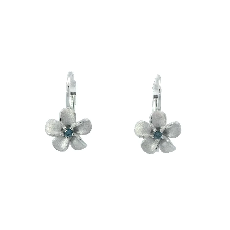 Engagement Earrings -Plumeria Leverback Earrings with Blue Diamonds