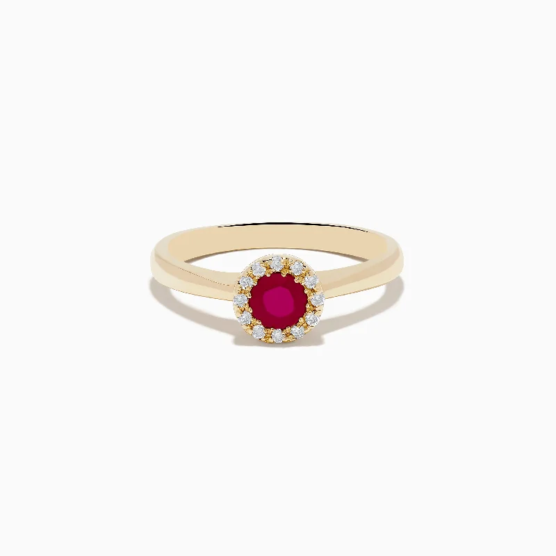 Adventure Rings -Ruby Royale 14K Yellow Gold Round Diamond Halo Ruby Ring, 0.52 TCW