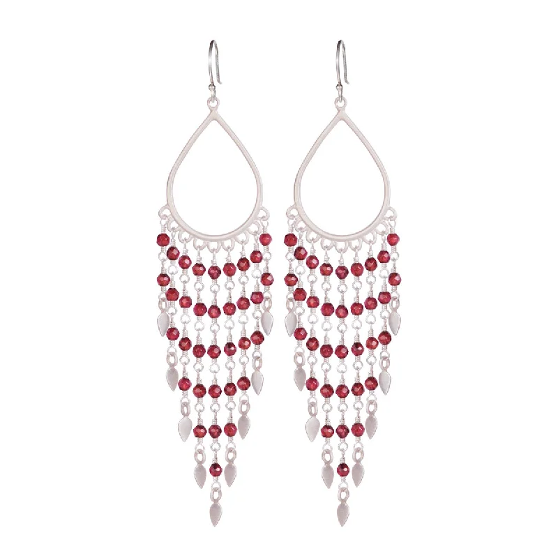 Red Earrings -Sterling Silver Teardrop Garnet Fringe Earrings