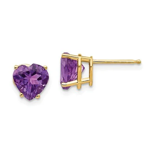 High-End Earrings -14KT YELLOW GOLD HEART AMETHYST STUD EARRINGS