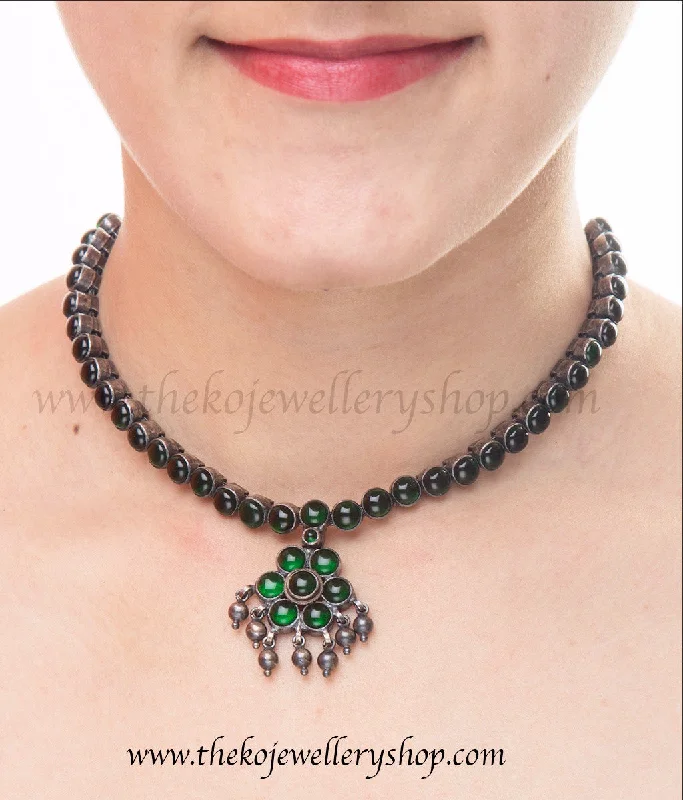 Ladies Necklaces for Engagements-The Harita Addige Silver Necklace (Oxidised)