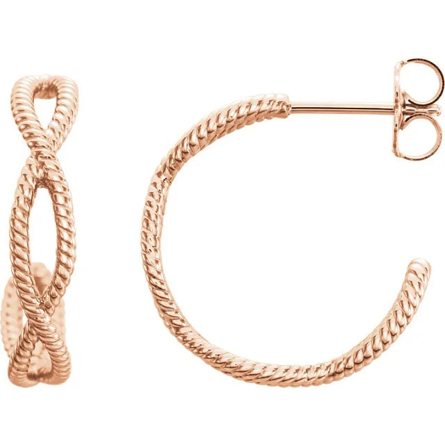 Rhinestone Earrings -14KT Rose Gold Twist Rope Hoop Earrings