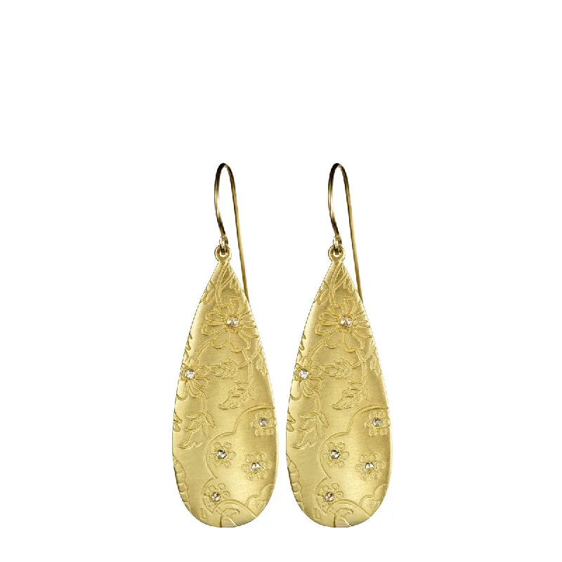 Retro Earrings -18K Gold Slim Teardrop Paisley Earrings with Diamonds