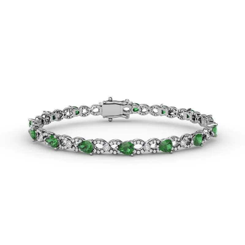 Ladies Bracelets for Music Festivals-Emerald and Diamond Pear Shape Bracelet B1440E