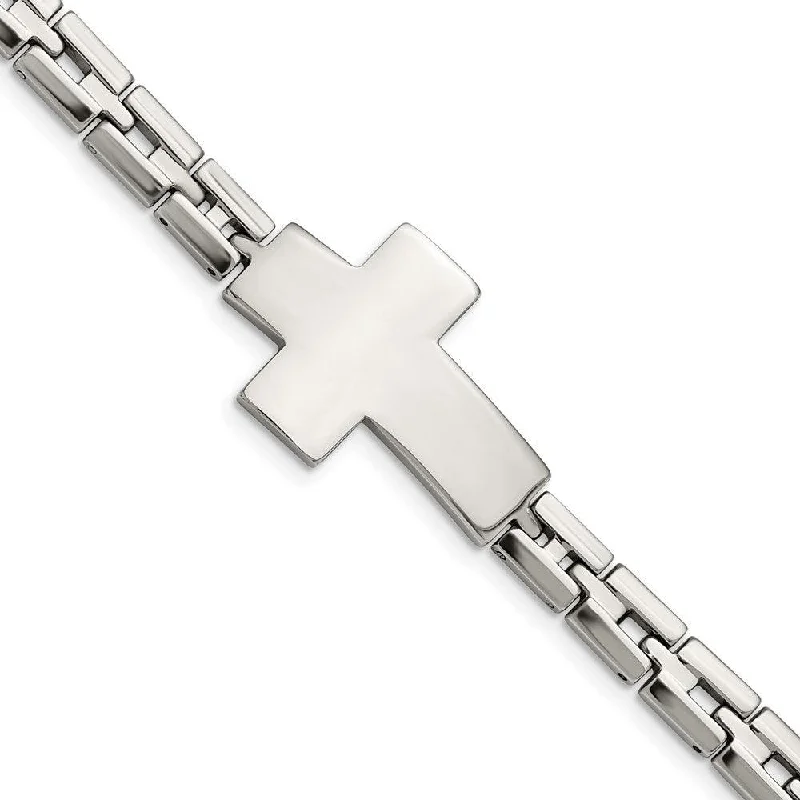 Ladies Bracelets with Peach Morganite-Stainless Steel Polished Cross 8in Link Bracelet