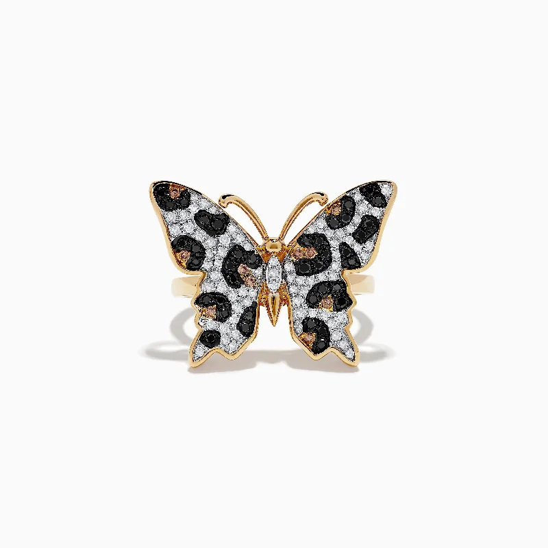 Affordable Rings -14K Yellow Gold Black, Brown, and White Diamond Butterfly Ring