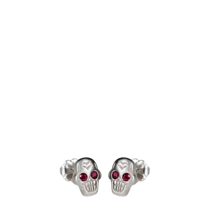 Trendy Earrings -Sterling Silver Tiny Skull Stud Earrings with Ruby Eyes