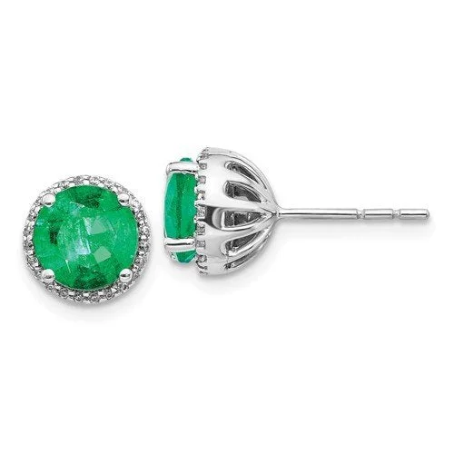 Huggie Earrings -14KT WHITE GOLD 2.20 CTW EMERALD & .14 CTW DIAMOND HALO EARRINGS