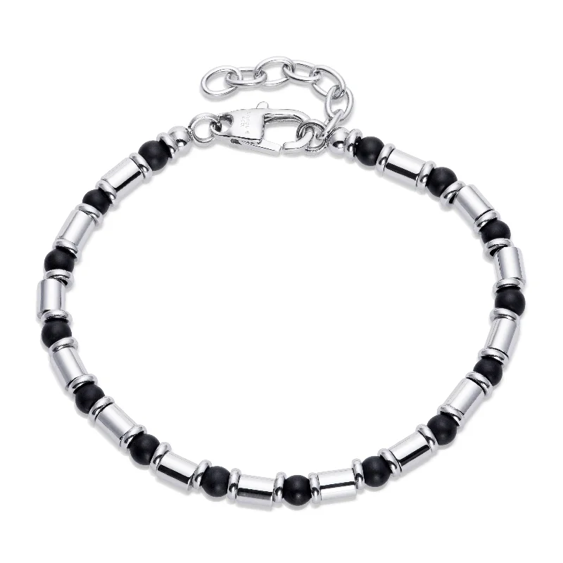 Ladies Bracelets Triangular Band-Unique & Co Matte Black Beads and Steel Barrels Bracelet