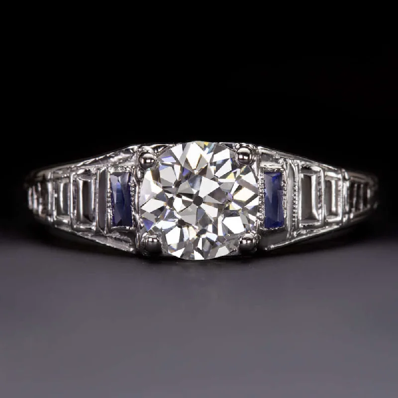 Mystical Gem Engagement Rings -1ct F-G SI1 CERTIFIED DIAMOND ENGAGEMENT RING ORIGINAL VINTAGE ART DECO SAPPHIRE