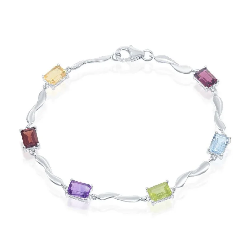 Ladies Bracelets Feather Band-Sterling Silver Rectangular Multi Colored Gemstone Bracelet, 7"