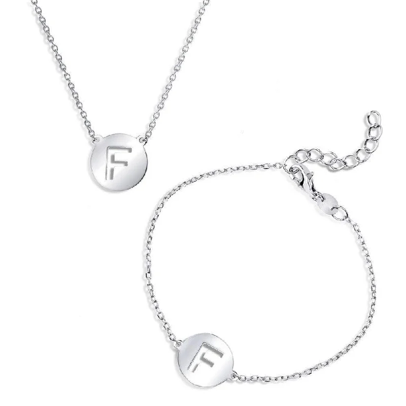 Ladies Bracelets with Green Grandidierite-Sterling Silver Shiny 'F' Disc Initial Bracelet and Necklace Set