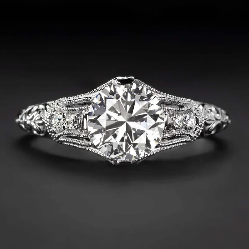 Special Moment Engagement Rings -1ct CERTIFIED F SI2 DIAMOND ENGAGEMENT RING ART DECO VINTAGE STYLE WHITE GOLD