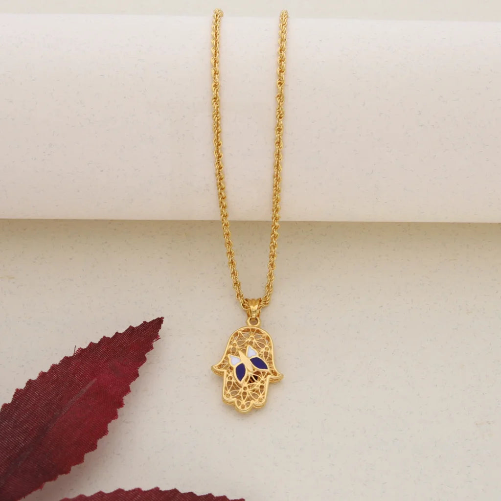 Ladies Necklaces with Natrolite-Gold Necklace (Chain With Gold Hamsa Pendant with Butterfly) 21KT - FKJNKL21K7588