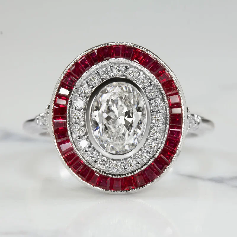 Birthstone Accent Engagement Rings -1ct D SI2 OVAL DIAMOND RUBY ENGAGEMENT RING ART DECO HALO VINTAGE TARGET 1 CARAT