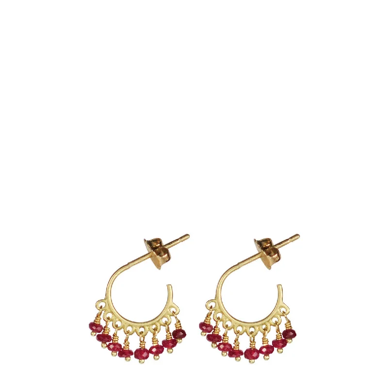 Victorian Earrings -18K Gold Small Fine Ruby Beaded Hoop Earrings