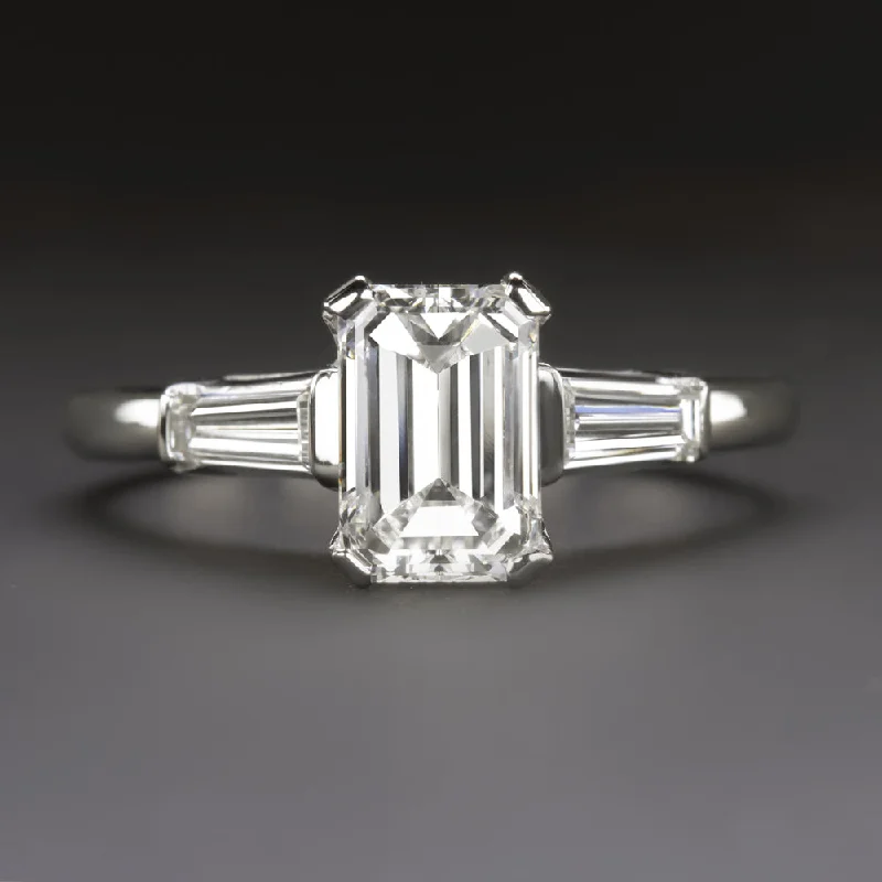 Channel Set Diamond Engagement Rings -VINTAGE EMERALD CUT DIAMOND ENGAGEMENT RING 3 STONE PLATINUM 1.26c F VS2 CLASSIC