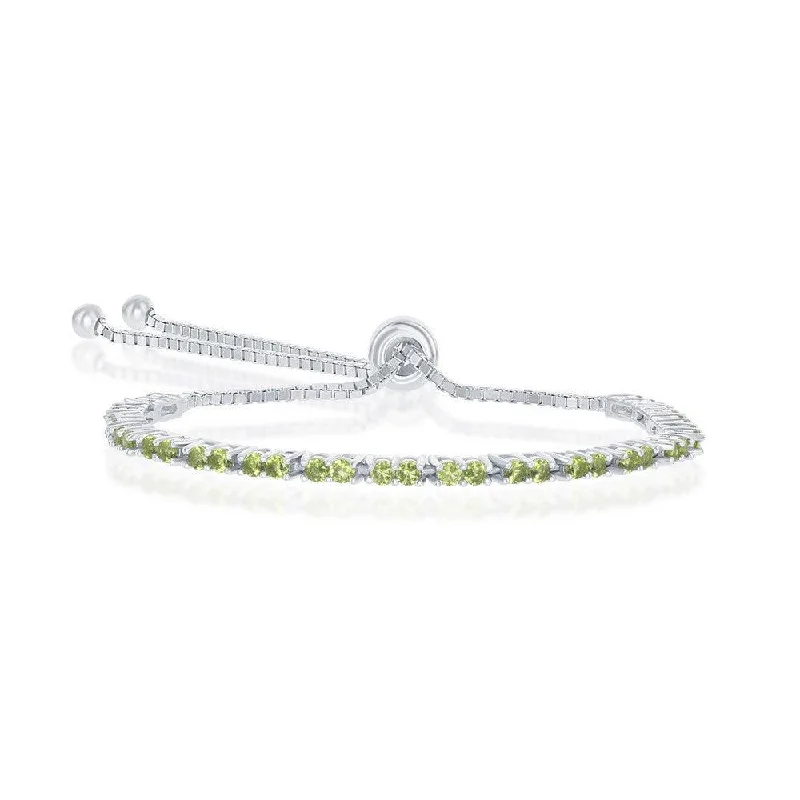 Ladies Bracelets for Tech Pros-Sterling Silver 2mm Peridot CZ 'August Birthstone' Bolo Bracelet