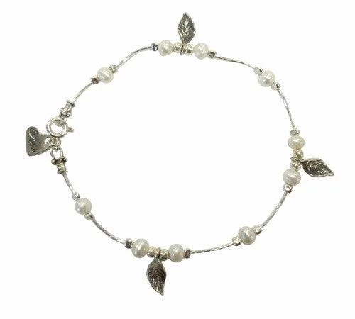 Ladies Bracelets Custom Engraved-Aviv Pearl and Silver Leaf Bracelet