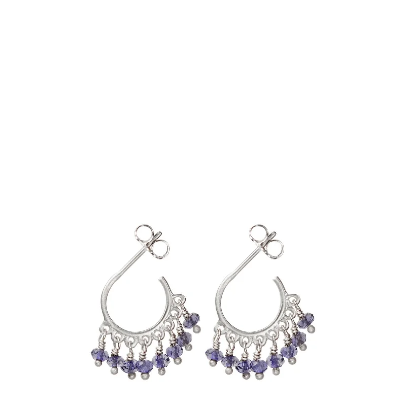 925 Silver Earrings -Sterling Silver Small Fine Iolite Beaded Hoop Earrings