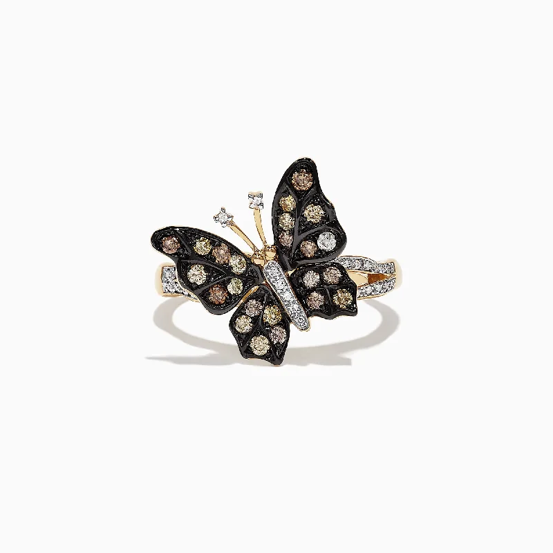 Everyday Rings -Nature 14K Yellow Gold Espresso & White Diamond Butterfly Ring, 0.45 TCW