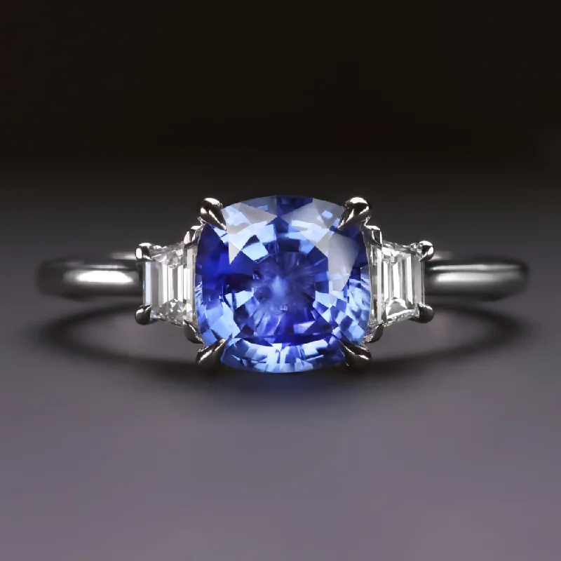 High Polish Engagement Rings -SAPPHIRE DIAMOND 3 STONE RING COCKTAIL ENGAGEMENT CUSHION SHAPE 14k WHITE GOLD