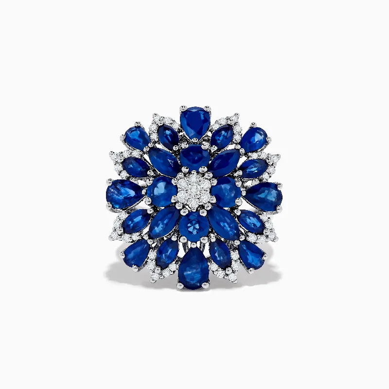 Unique Rings -14K Yellow Gold Blue Sapphire and Diamond Flower Ring