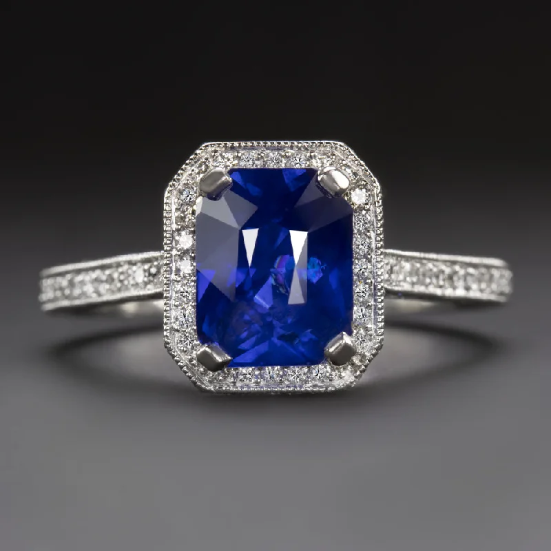 Statement Stone Engagement Rings -SAPPHIRE DIAMOND ENGAGEMENT RING PLATINUM HALO RADIANT CUT 3.5 CARAT NATURAL