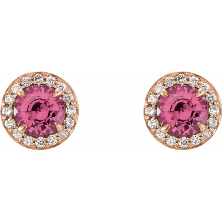 Thin Earrings -14K Rose 5 mm Natural Pink Tourmaline & 1/8 CTW Natural Diamond Earrings