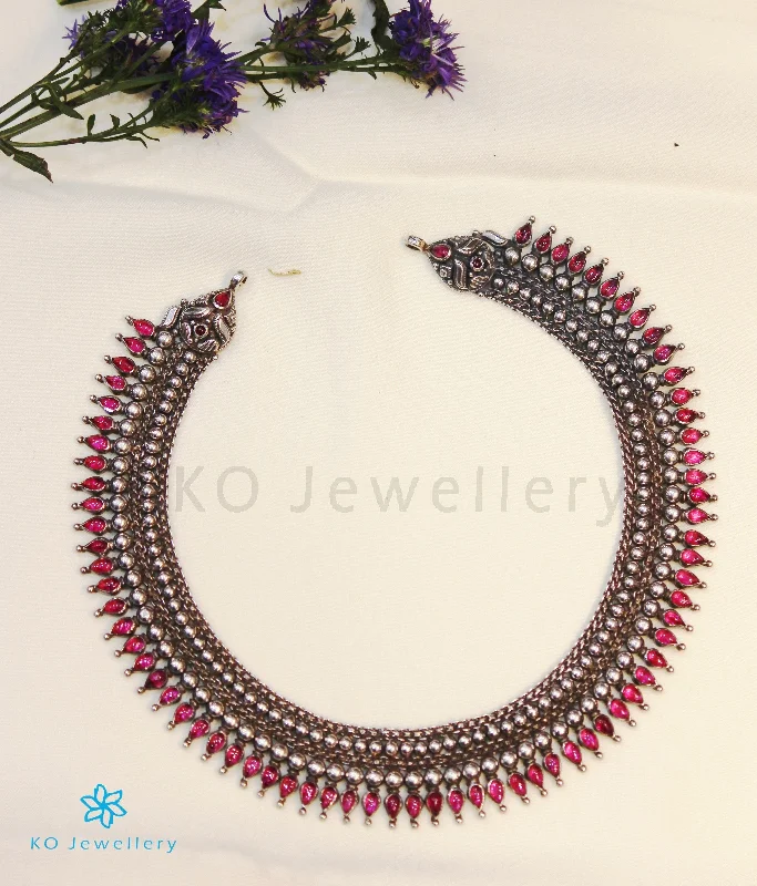 Ladies Necklaces Diamond Accent-The Kamala Silver Kempu Necklace (Oxidised)