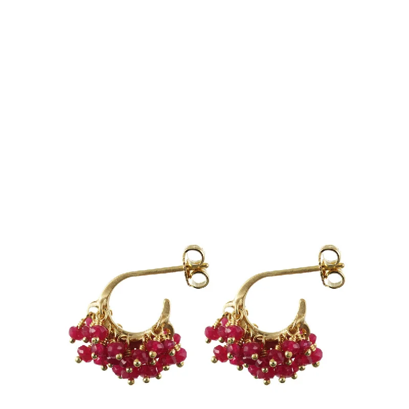 Art Deco Earrings -18K Gold All Ruby Bead Hoop Earrings