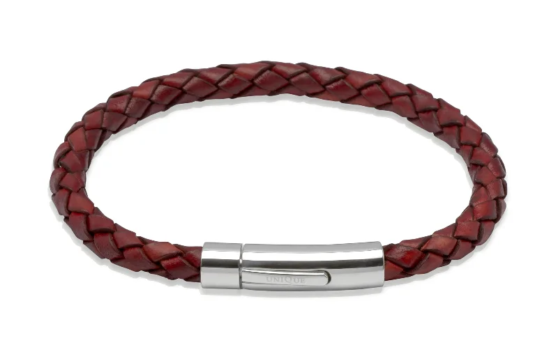 Ladies Bracelets for Proposals-Unique & Co Dark Red Leather Bracelet