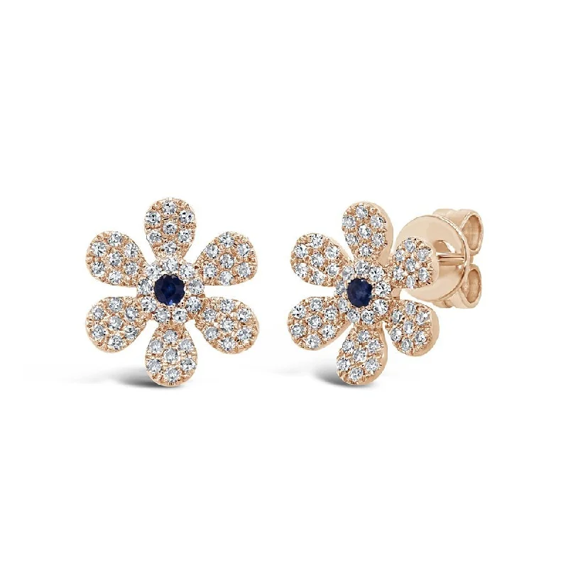 Desert Earrings -14KT GOLD .05 CTW BLUE SAPPHIRE & .24 CTW DIAMOND FLOWER EARRINGS