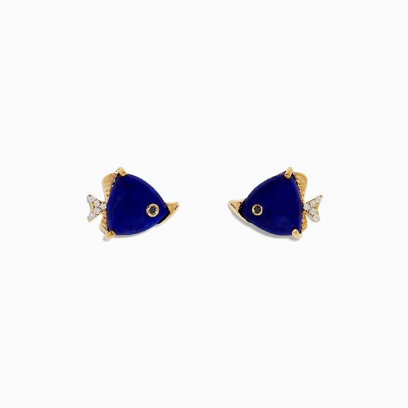 Rhinestone Earrings -Seaside 14K Yellow Gold Lapis and Diamond Fish Earrings