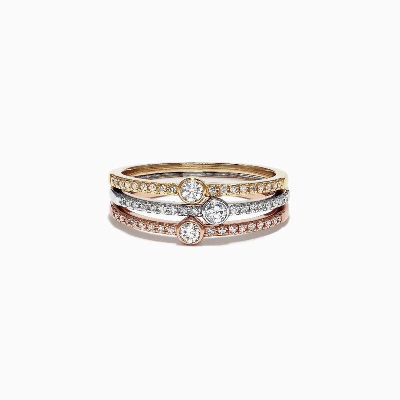 Monochrome Rings -Trio 14K Tri Color Gold Diamond Stack Ring, 0.50 TCW