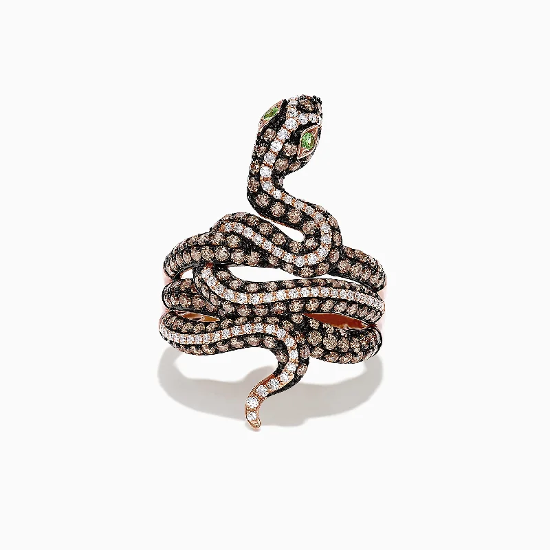 Platinum Rings -Safari 14K Rose Gold Brown and White Diamond Snake Ring, 1.85 TCW