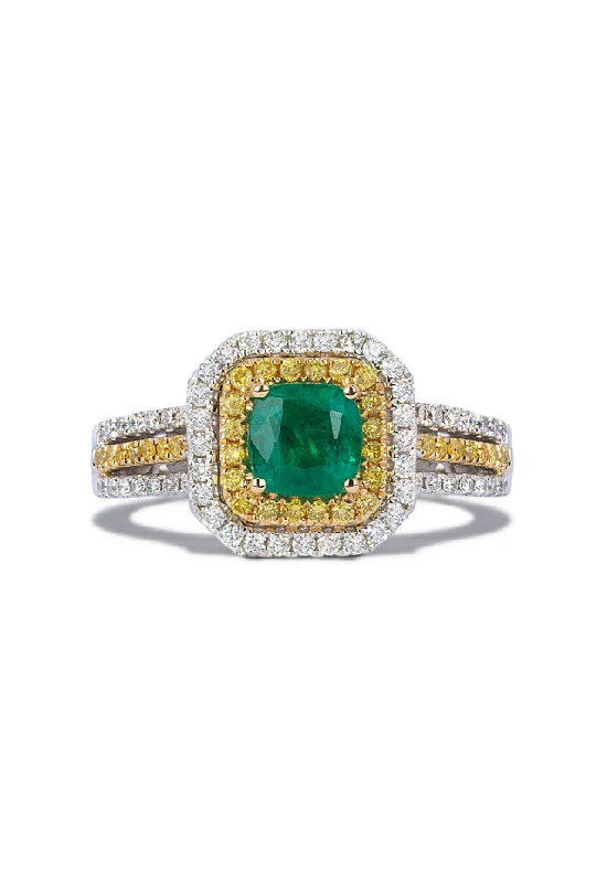 Custom Rings -14K Tri-Color Gold Emerald, Yellow & White Diamond Ring, 1.48 TCW