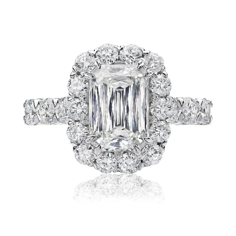 Stackable Band Engagement Rings -Simple Emerald-cut Diamond Halo Engagement Ring