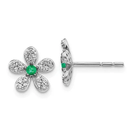 Adjustable Earrings -14KT WHITE GOLD .05 CTW EMERALD & .17 CTW DIAMOND FLOWER EARRINGS