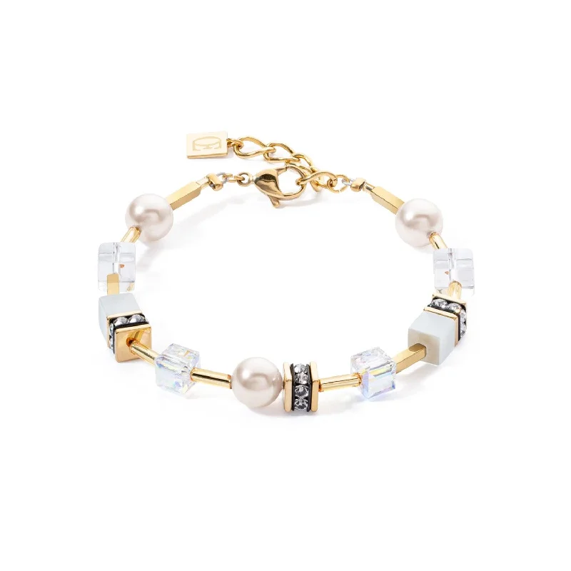 Ladies Bracelets for Healthcare Workers-Coeur De Lion GeoCUBE® Iconic Pearl Mix Gold-White Bracelet