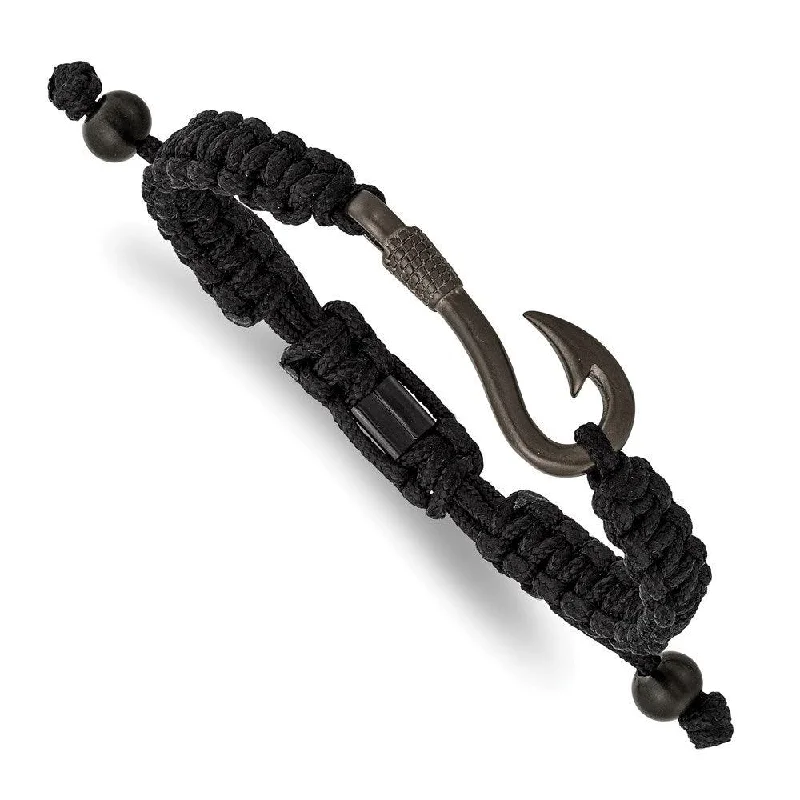 Ladies Bracelets Woven Texture-Stainless Steel Brushed Gun Metal IP Fishing Hook Black Nylon Adj Bracelet