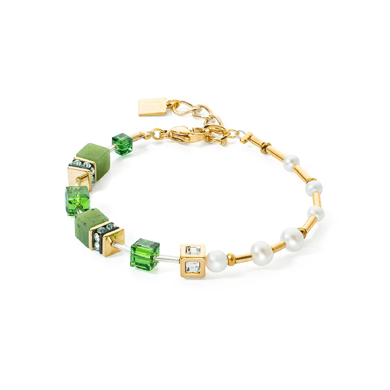 Ladies Bracelets Drop Shape-Coeur De Lion GeoCUBE® Fusion Gold Green and Pearl Bracelet