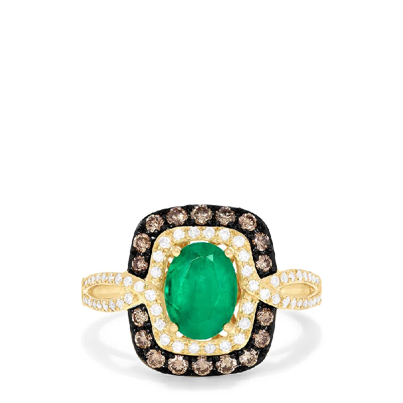 14K Gold Rings -Brasilica 14K Yellow Gold Emerald, Espresso & White Diamond Ring, 1.70 TCW