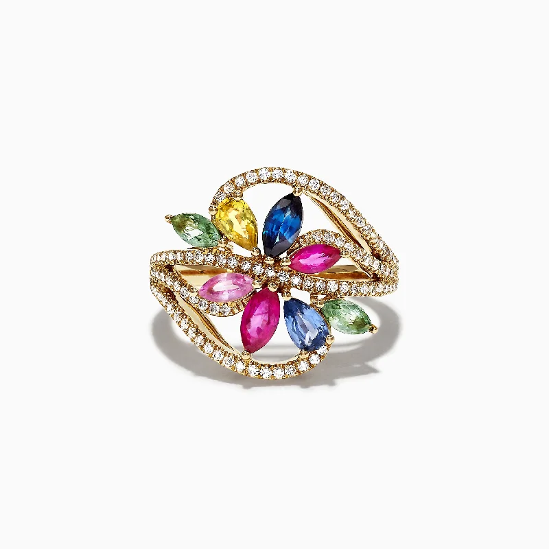 Fall Rings -Watercolors 14K Yellow Gold Multi Sapphire & Diamond Ring, 2.15 TCW