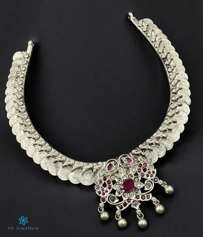 Ladies Necklaces with Gemstones-The Mohini Silver Peacock Kasumala  Necklace (Oxidised)